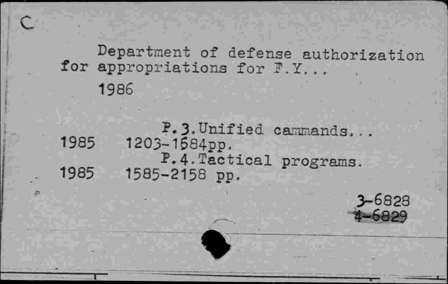 ﻿Department of defense authorization for appropriations for
1986
?.3.Unified cammands...
1985	1203-1584pp.
P.4.Tactical programs.
1985	1585-2158 pp.
3-6828